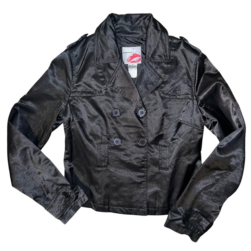 Small Black Satin Double-Breasted Lined Blazer Jacket Coat Shiny Lightweight